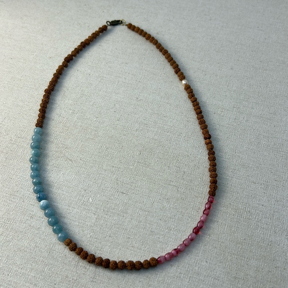 Rudraksha seeds and pink Indian glass, blue Aura quartz Pearls Necklace
